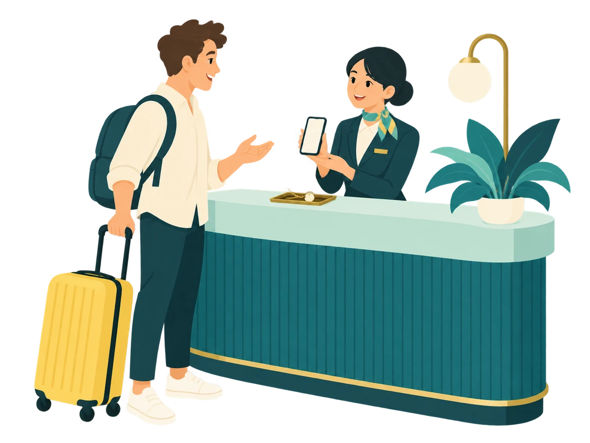 ホテルの受付でスタッフがスマートフォンを見せながら旅行者を案内するイラスト