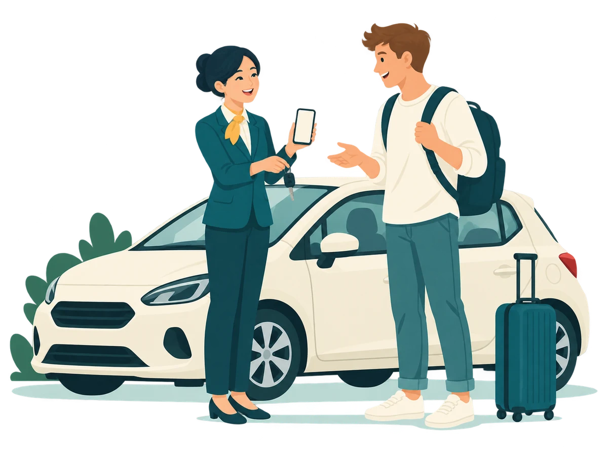 車の横でレンタカーのスタッフと旅行者がスマートフォンを使って会話するイラスト