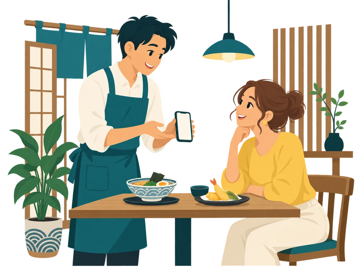 レストランでスタッフがスマートフォンを見せながらお客さまと会話するイラスト
