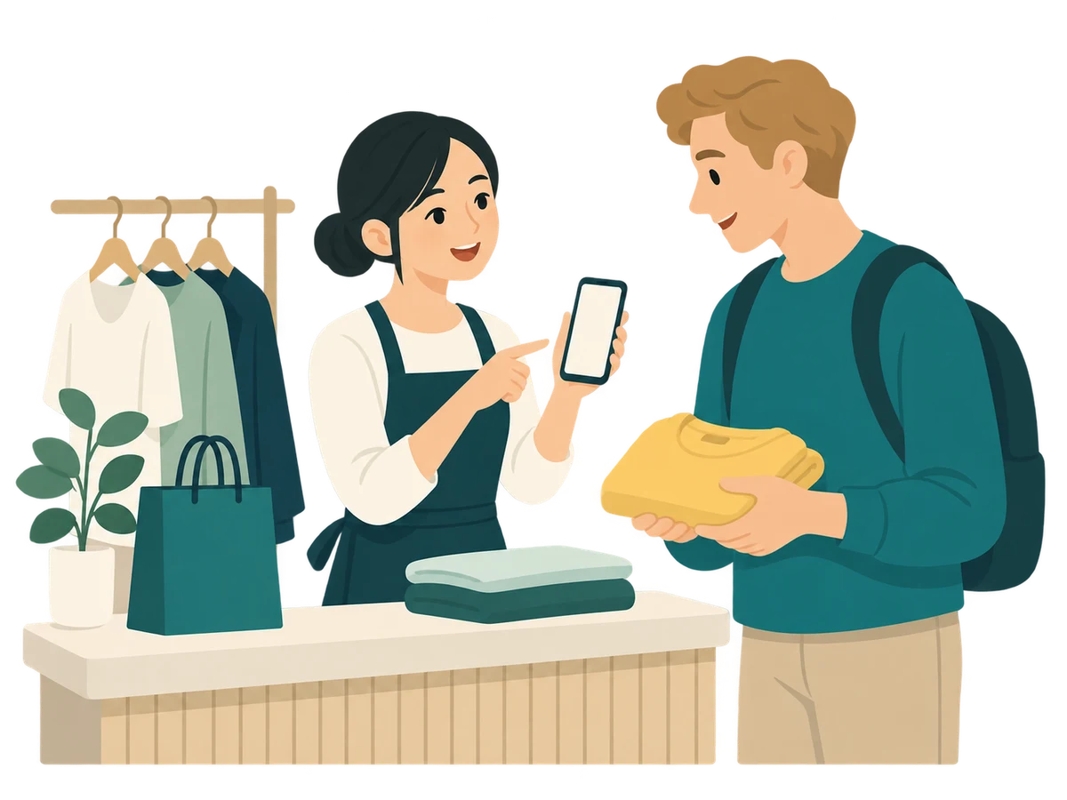 洋服店でスタッフとお客さまがスマートフォンを使ってサイズを相談するイラスト